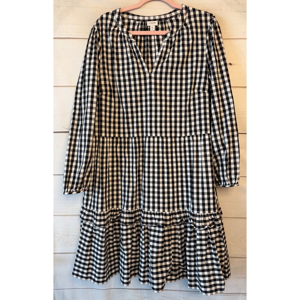 J.Crew Black White Gingham Tiered Mini Dress V-Neck Long Sleeve XL